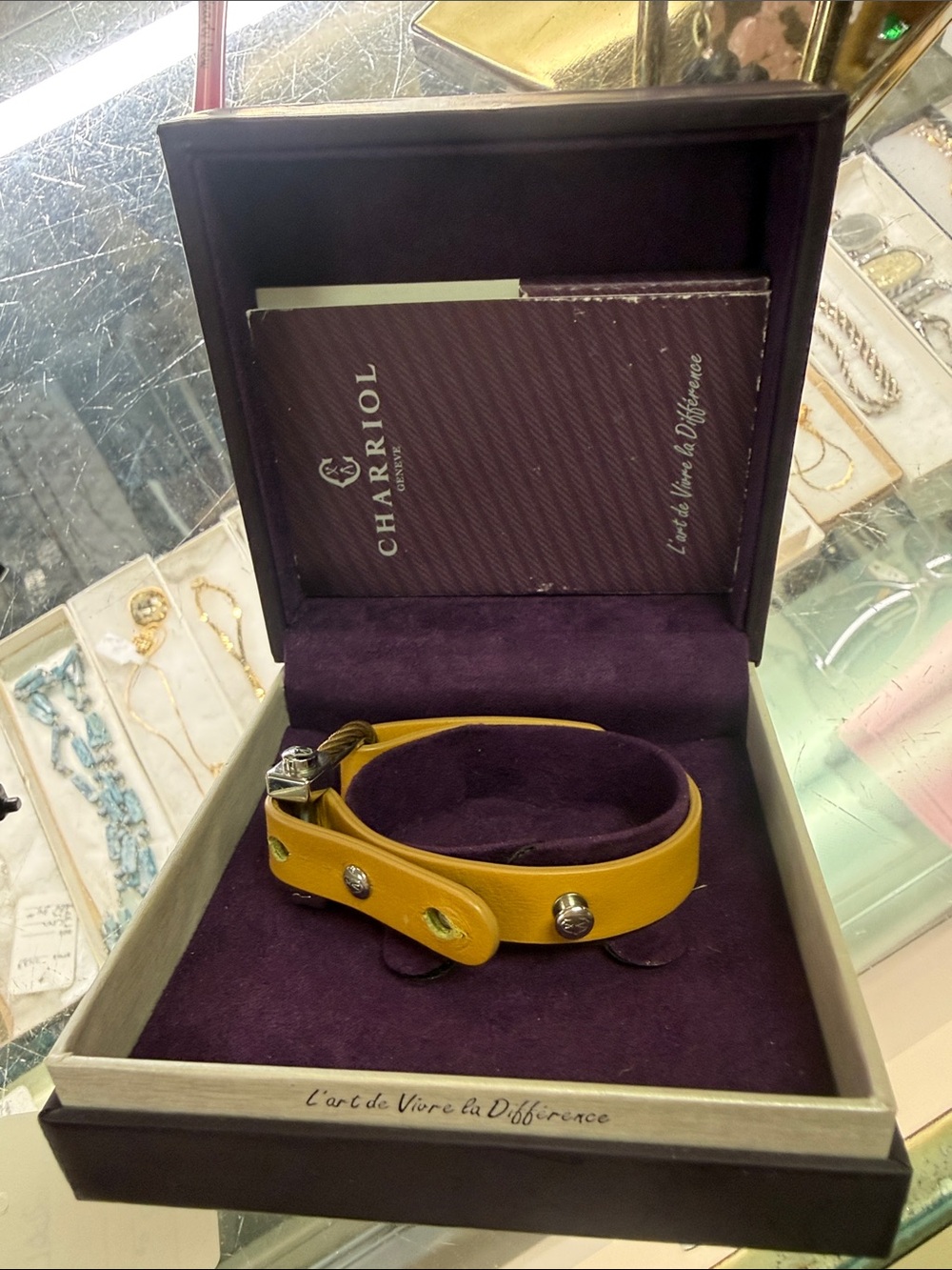 😍Like New With Box & Info Charriol Yellow Leather Bracelet with Silver Studs